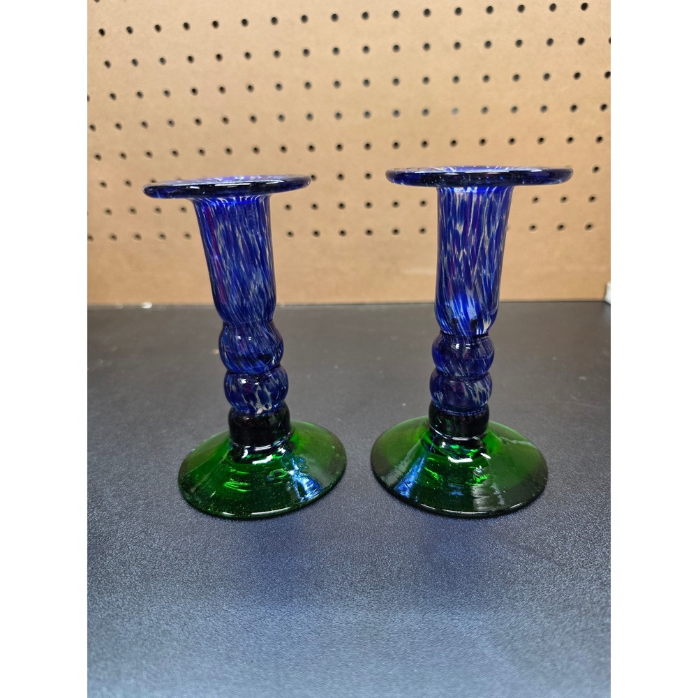 Vintage Hand Blown Art Glass Candlestick Holders Cobalt Blue Spatter Green Base